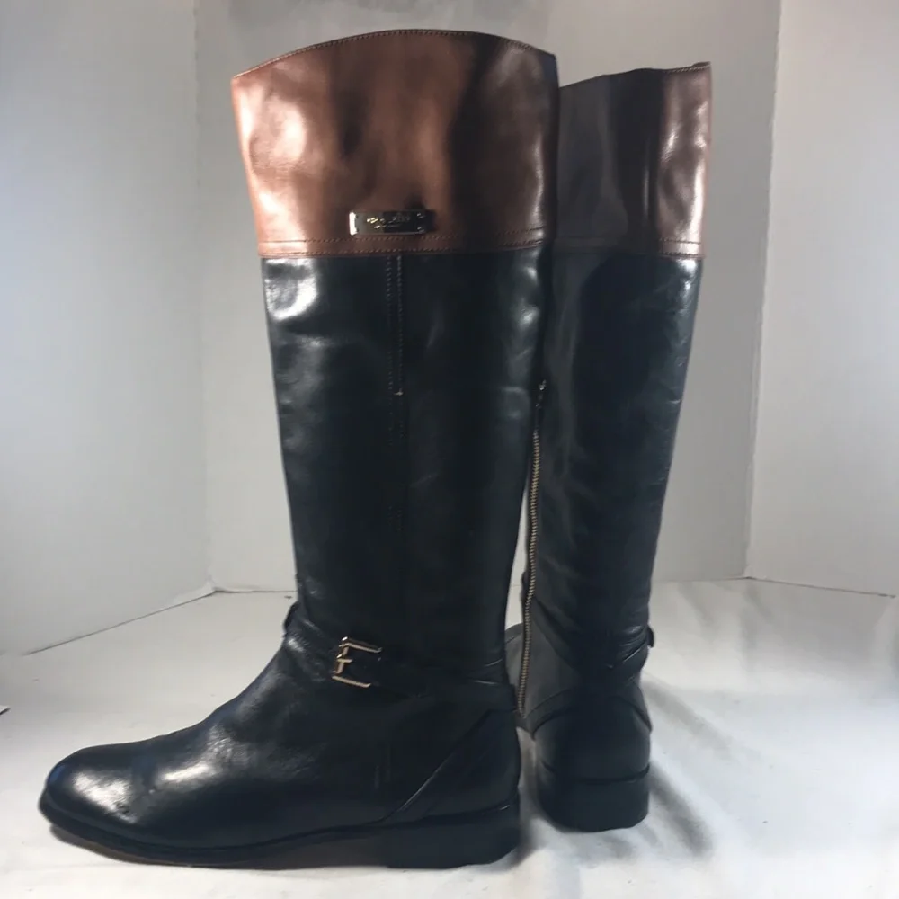 Coach Micha Black and Brown Leather Knee-High Women's Side Zip Riding Boots